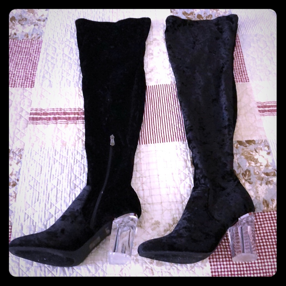 Thigh high black velvet boots